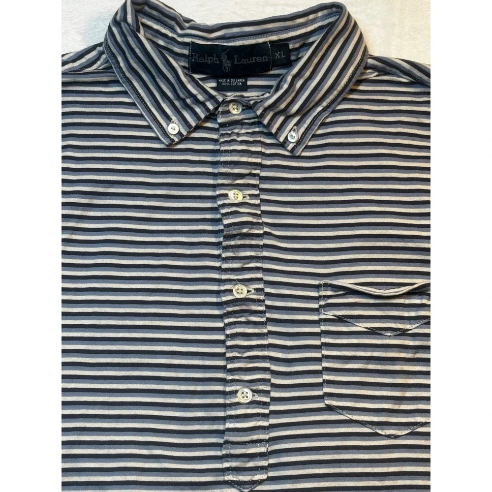 Vintage Ralph Lauren Polo Mens XL Striped Pocket Blue‎ White Button Short Sleeve